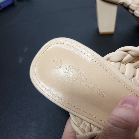 New Rilista Braided Heeled Tan Sandals Square Open Toe Chunky Block Mules 9 - Picture 4 of 11